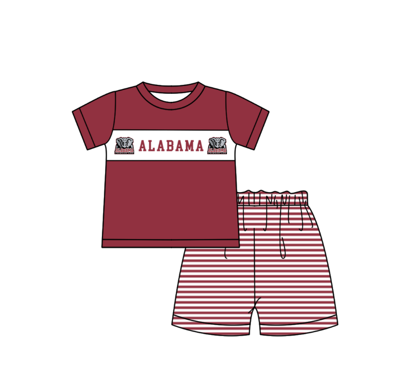Preorder (moq 5)Baby Boys Red Short Sleeve Alabama Top Stripe Shorts Team Clothes Sets