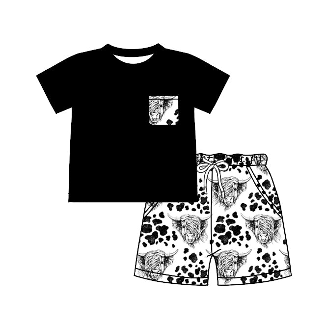 Baby Boys Western Black Highland Cow Shirt Shorts Clothes Sets preorder(moq 5)