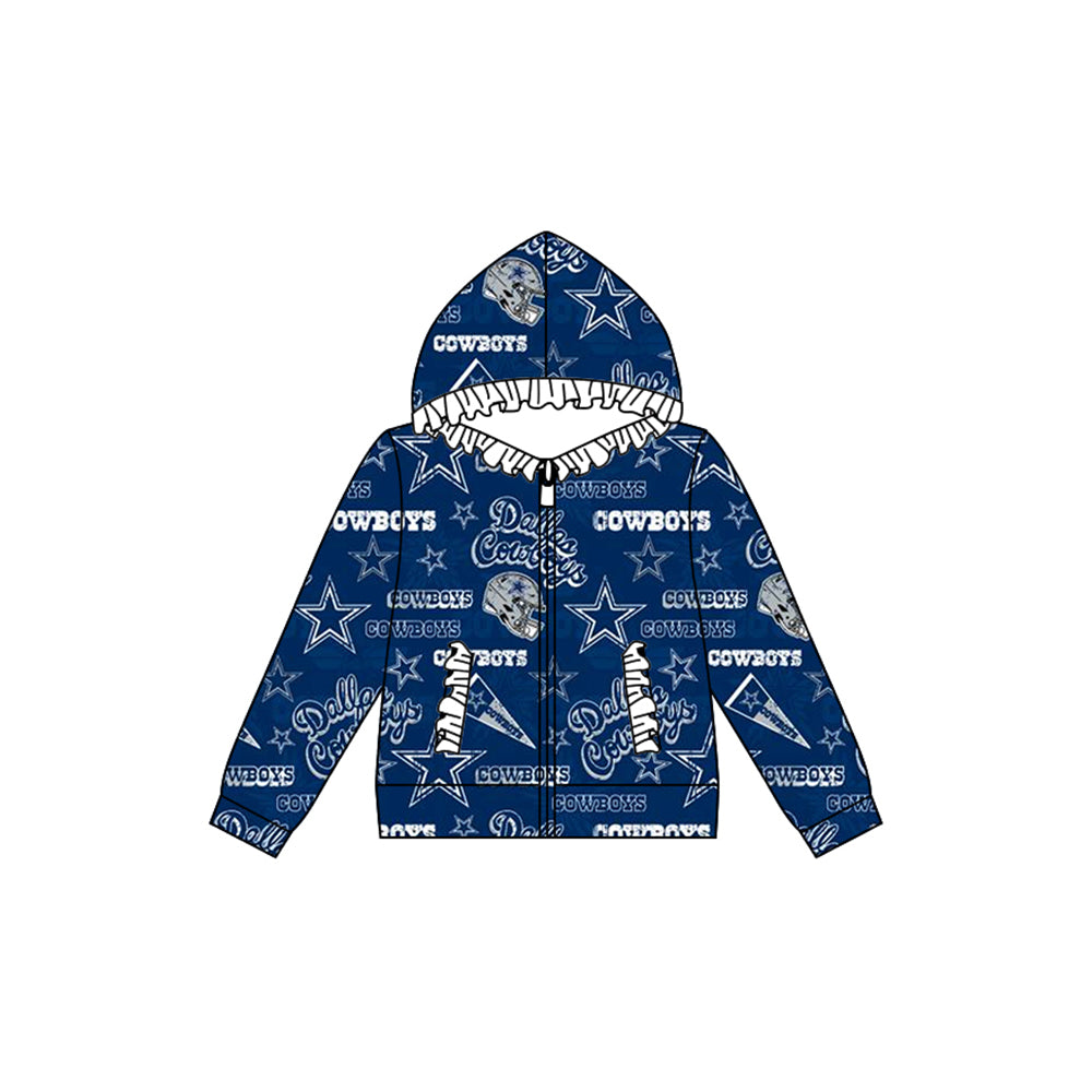 Preorder (moq 5)Baby Girls Cowboys Team Football Hooded Zip Ruffles Tops Jackets