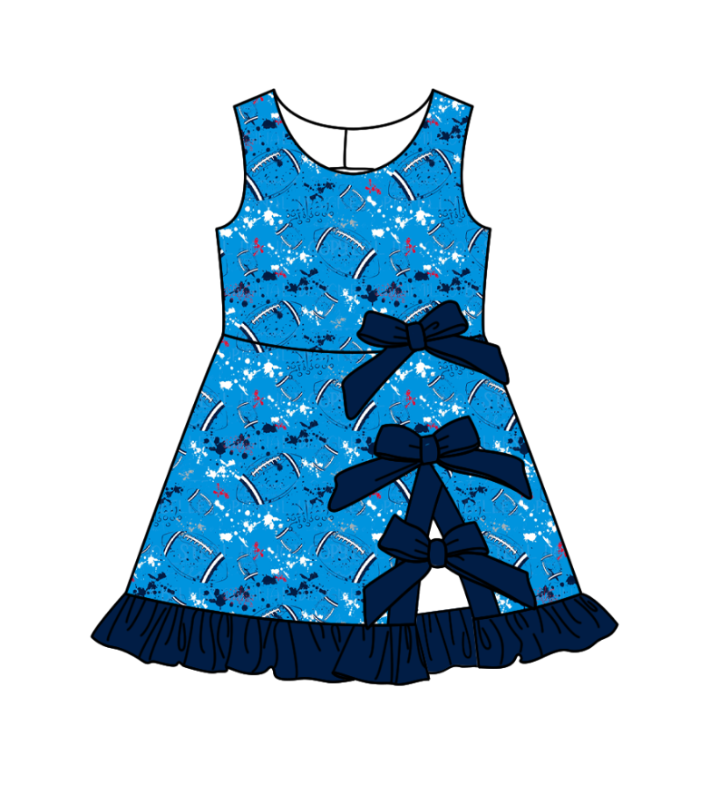 Preorder (moq 5)Baby Girls Tie-dye Footballs Print Team Bows Shorts Knee Length Dress