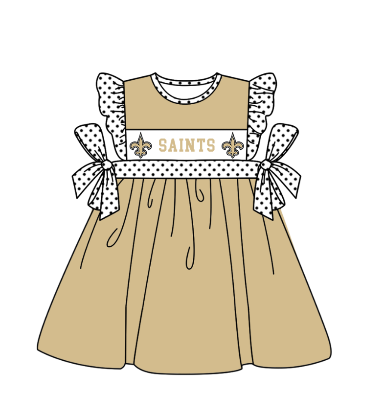 Preorder (moq 5)Baby Girls Polka Dots Flutter Sleeve Saints Team Knee Length Dresses