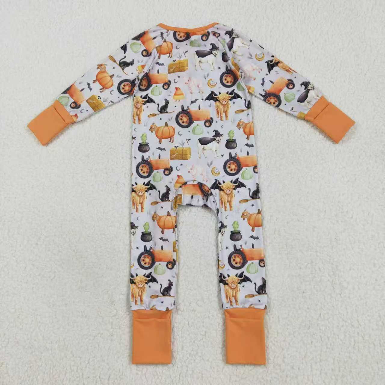 Sibling Baby Boys Pumpkins Bats Halloween Zipper Footie Rompers Pajamas Sets