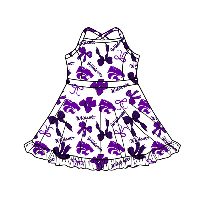 Preorder (moq 5)Baby Girls Strap Wildcats Bows Team Shorts Ruffle Knee Length Dresses
