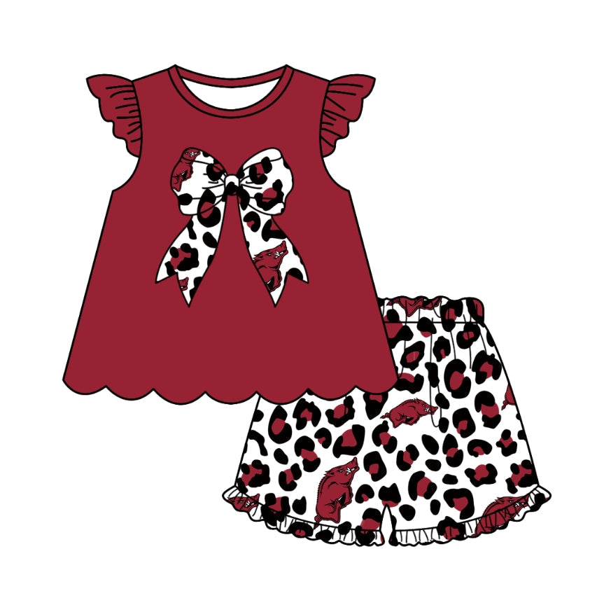 Preorder (moq 5)Baby Girls Alabama Team Bow Tunic Tops Leopard Shorts Clothes Sets