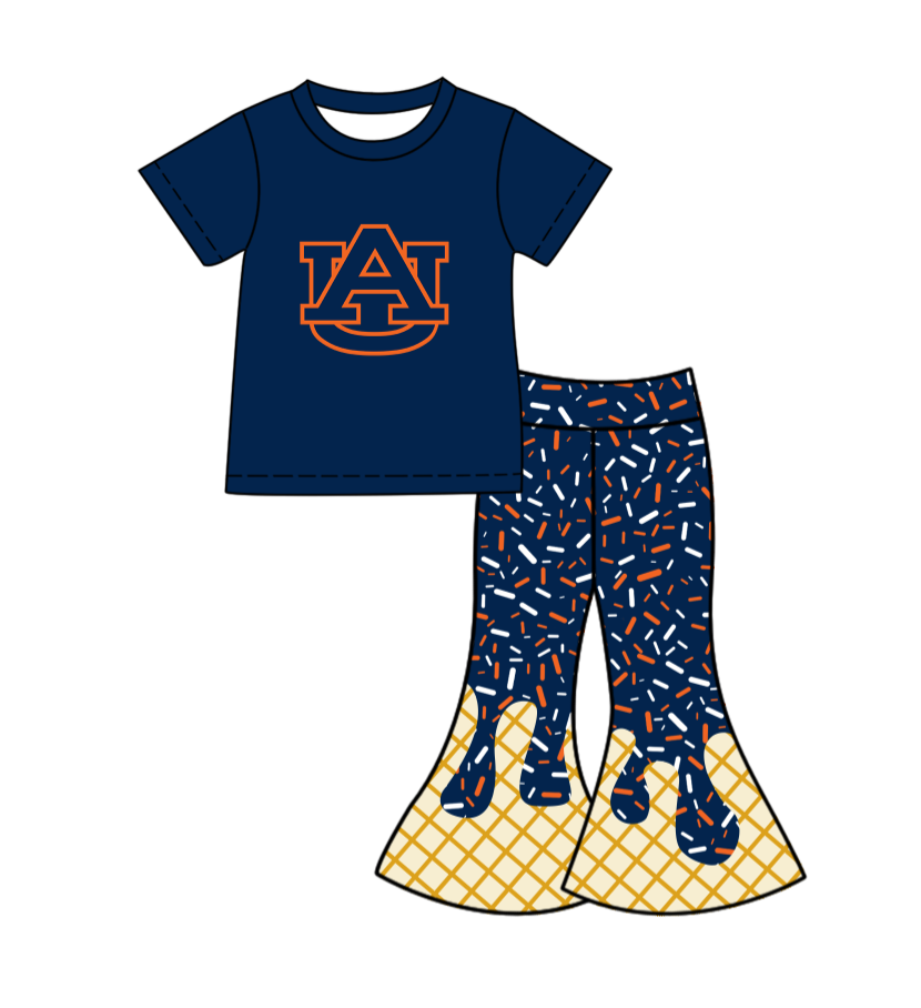 Preorder (moq 5)Baby Girls Hot Blue AU Top Drip Sprinkles Bell Bottom Pants Team Clothes Sets