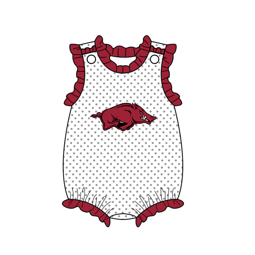 Preorder (moq 5)Baby Girls Sleeveless Polka Dots Arkansas Team Ruffle Rompers