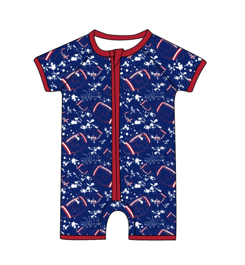 Preorder (moq 5)Baby Boys Short Sleeve Tie-dye Footballs Print Team Zip Rompers