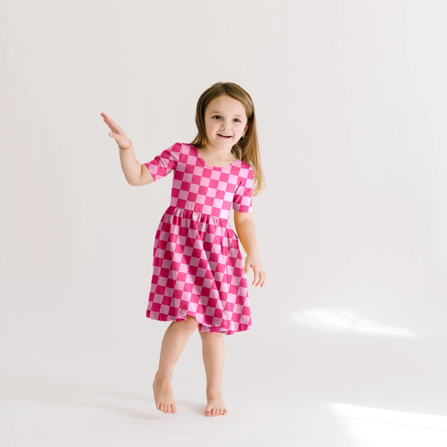 Preorder (moq 5)Baby Girls Pink Checkered Knee Length Dresses