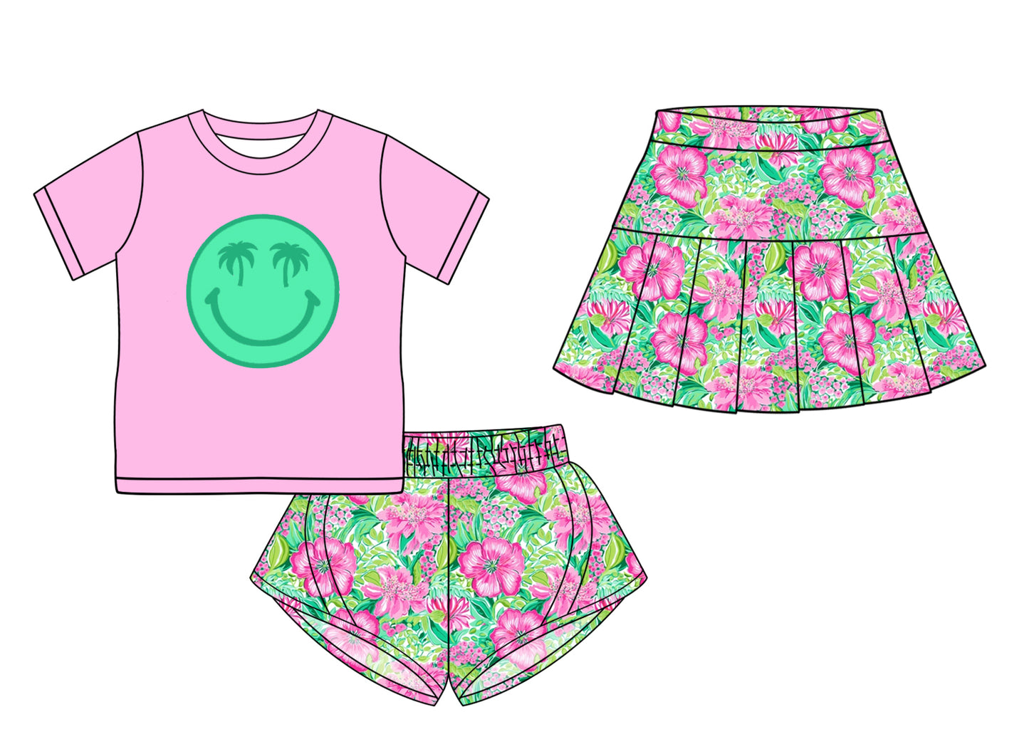 Preorder (moq 5)Baby Girls Pink Short Sleeves Green Smile Top Floral Short Skirt Match Sets
