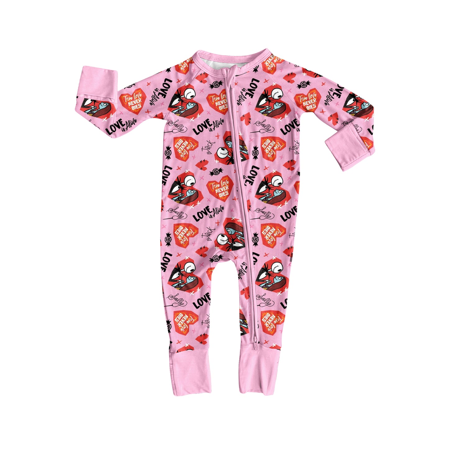 Preorder (moq 20)Baby Girls Bamboo Pink Cartoon Skulls Hearts Valentine Zippy Footie Rompers