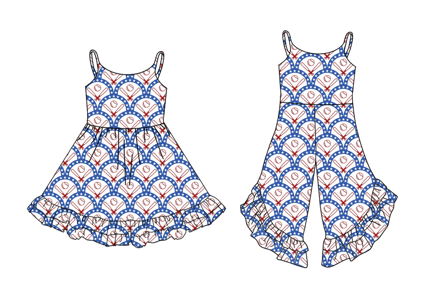 Preorder moq 5 Custom Baby Girls Strap Blue Stars Baseballs Ruffle Jumpsuits Knee Length Dresses
