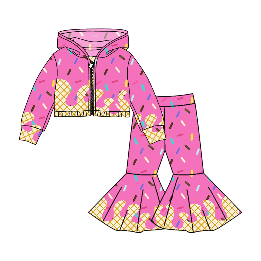 Preorder (moq 5)Baby Girls Hot Pink Long Sleeves Drip Zipper Jacket Top Bell Bottom Pant Team Clothes Sets