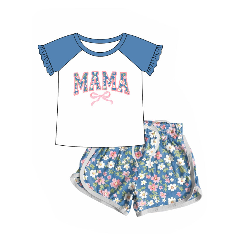 Preorder(moq 5) Adult Women Mama Bow Floral Tee Shirts Shorts Sets