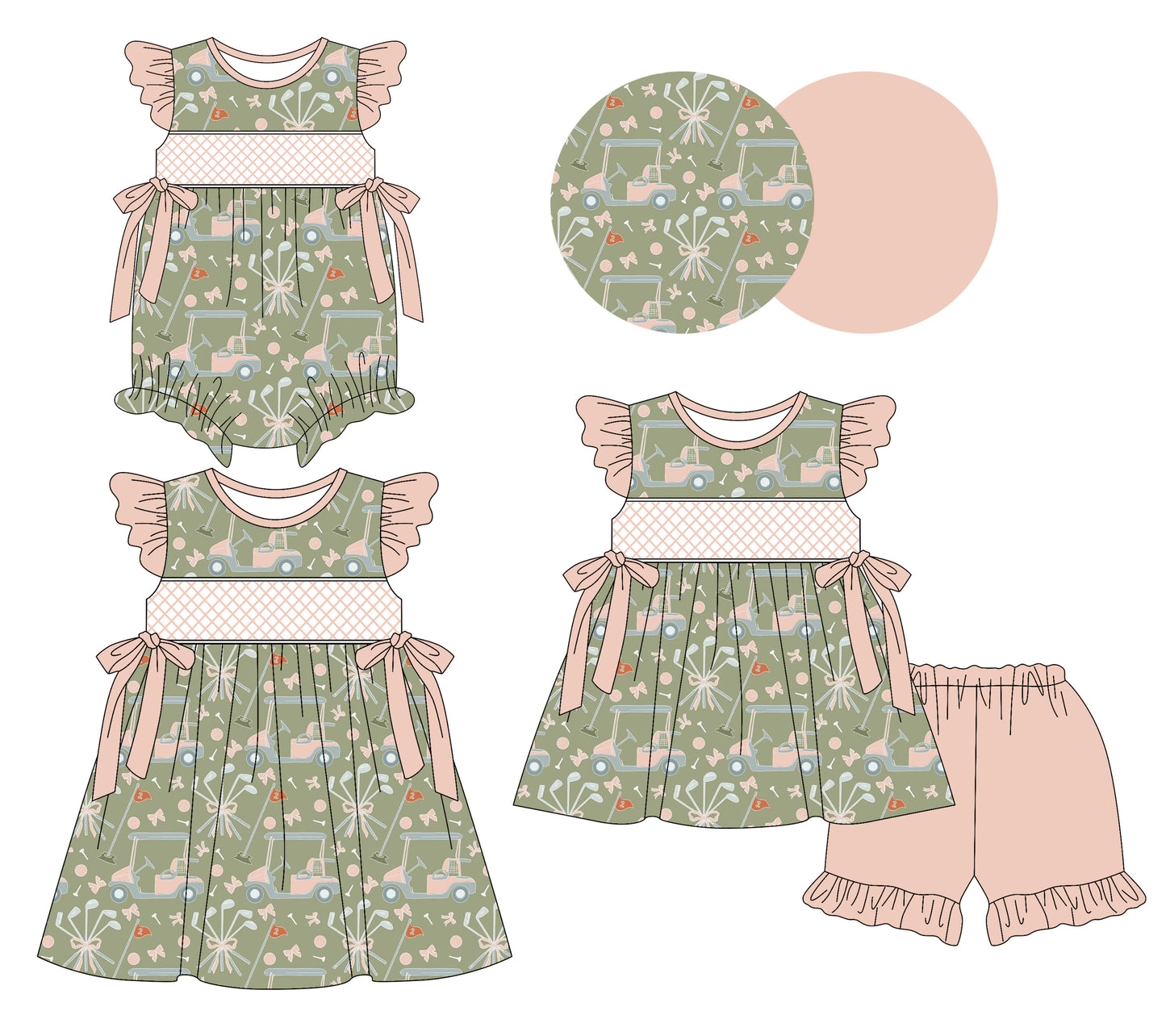 Preorder moq 5 Custom Baby Girls Green Golf Flags Bows Tunic Ruffle Short Set Knee Length Dress And Rompers