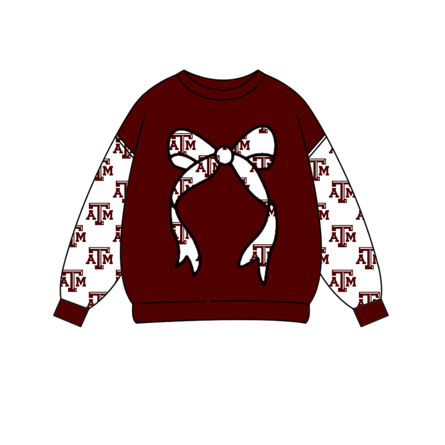 Preorder Moq 5 Baby Girls Dark Red Long Sleeve ATM Bows Team Tee Shirts Top