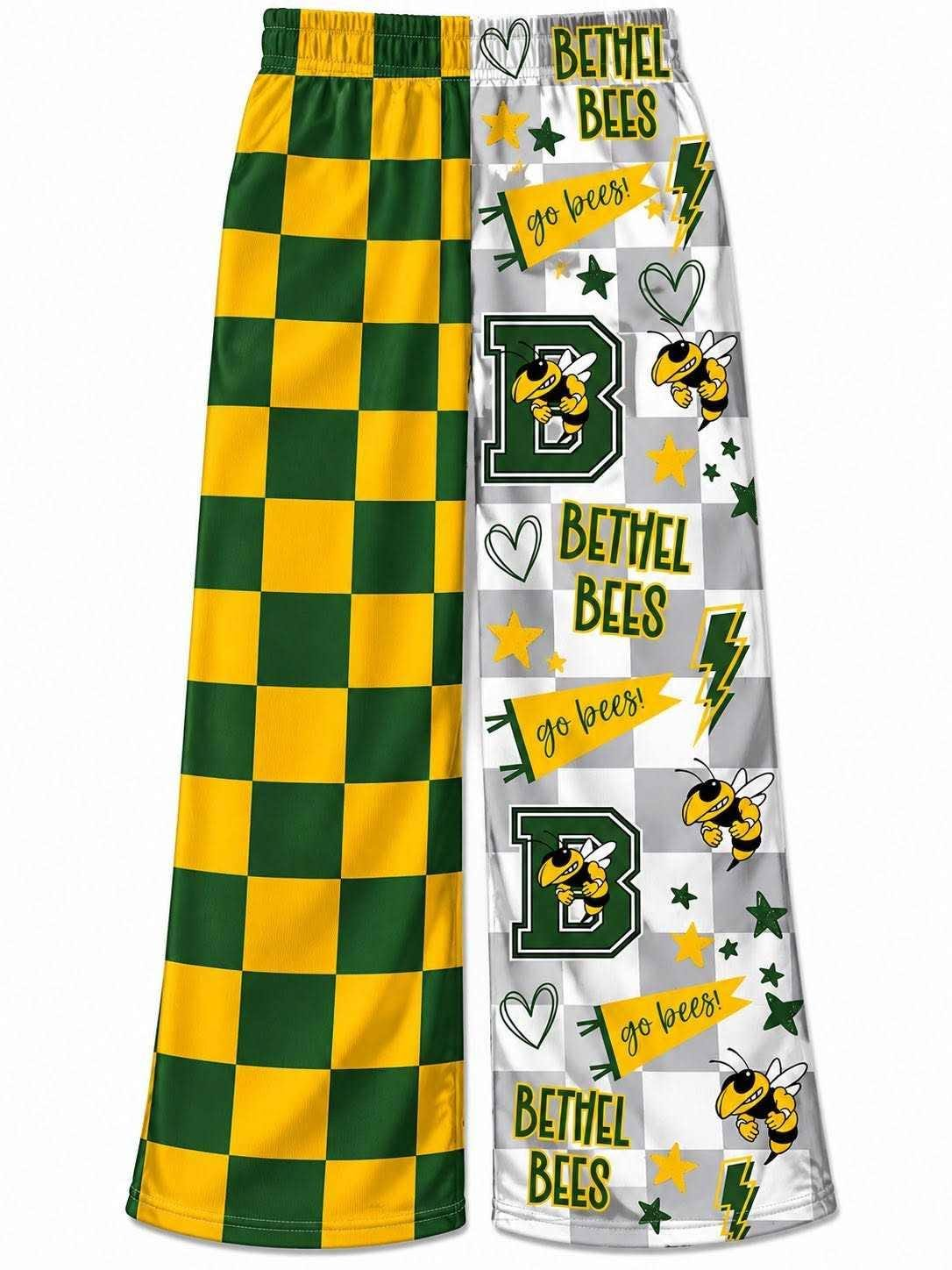 Preorder (moq 5)Baby Girls Green Checked Bethel Bees Cheer Team Flare Pants Bottom