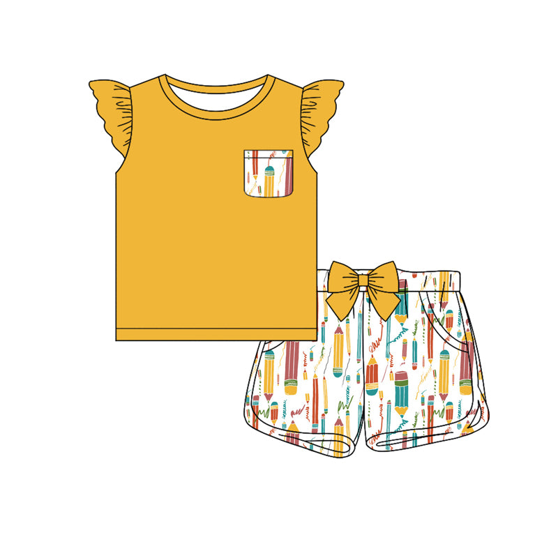 Preorder (moq 5)Baby Girls Pocket Tee Top Back To School Pencils Shorts Clothes Sets