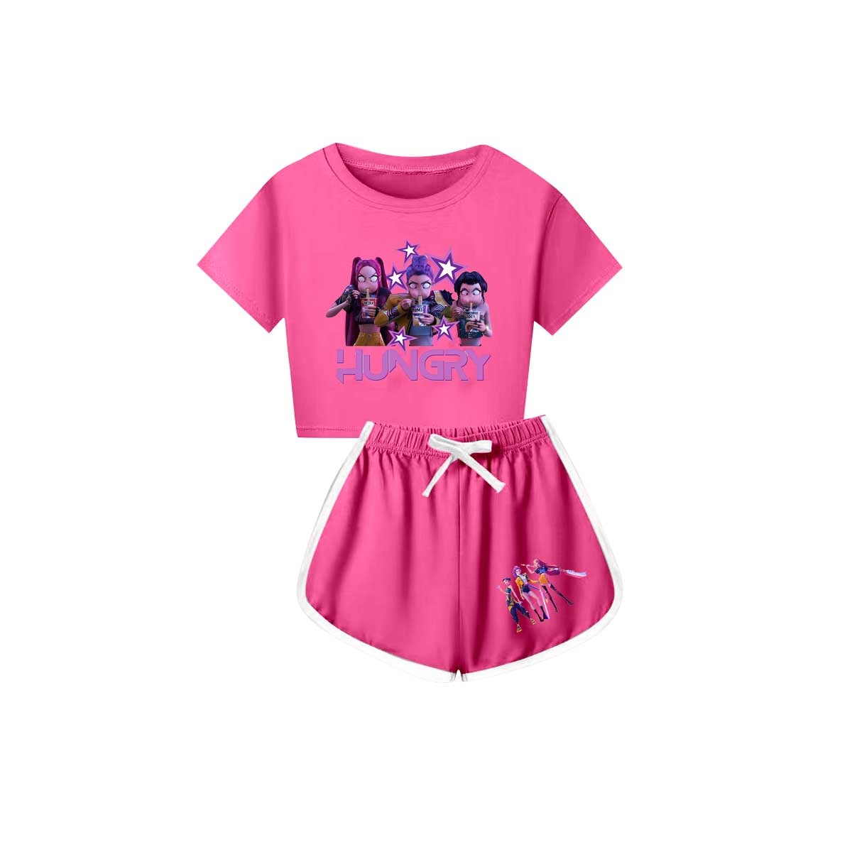 Preorder(moq 5) Baby Girls Cartoon Girls Hungry Top Shorts Pink Clothes Sets