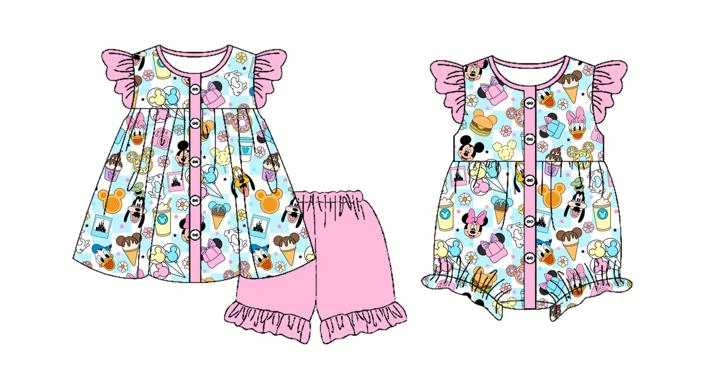 Preorder moq 5 Custom Baby Girls Pink Cartoon Mouses Button Tunic Ruffle Short Set Rompers