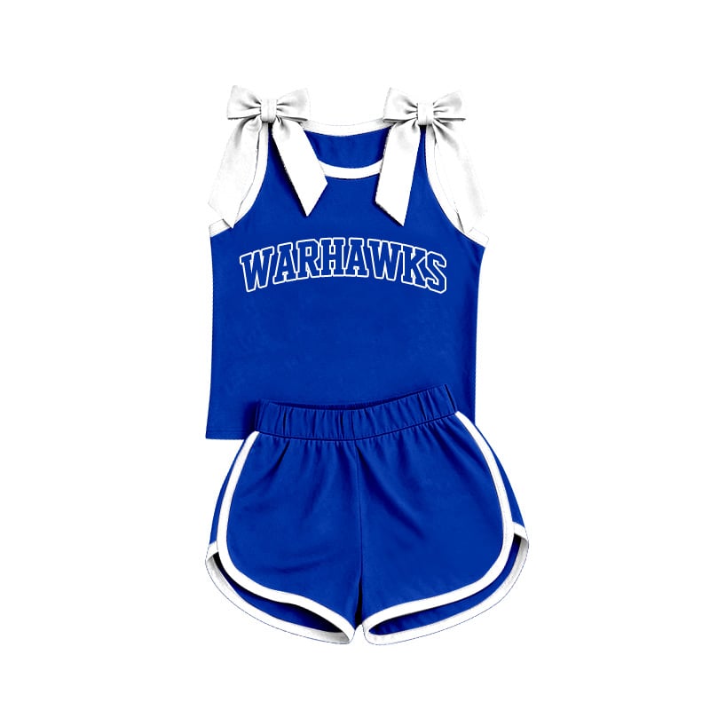 Preorder (moq 5) Baby Girls Blue Warhawks Bows Vest Short Team Clothes Set