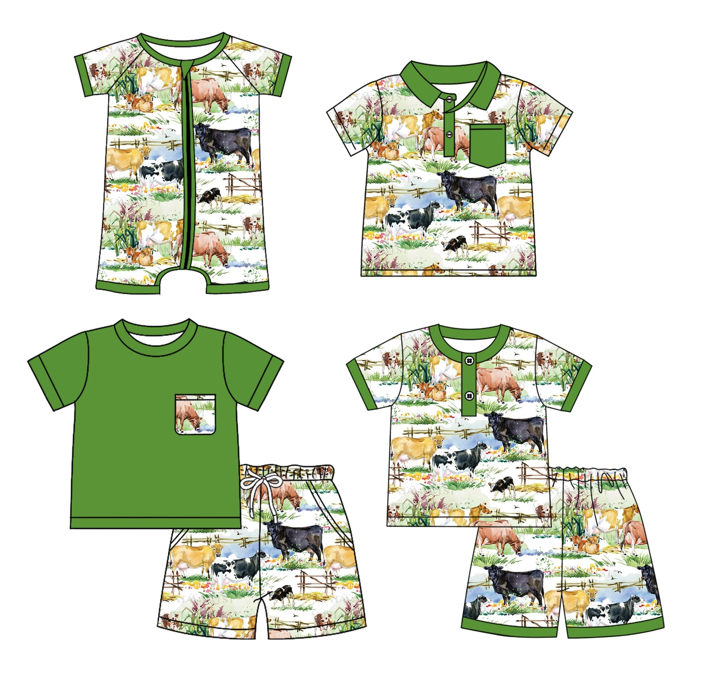 Preorder moq 5 Custom Baby Boys Green Short Sleeves Button Pocket Cows Top Short Farm Set Polo Shirts And Zipper Rompers
