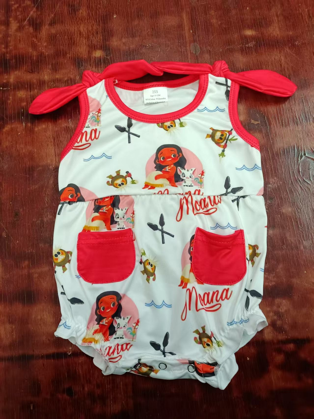 Preorder moq 5 Baby Girls Red Strap Cartoon Moana Pockets Ruffle Rompers