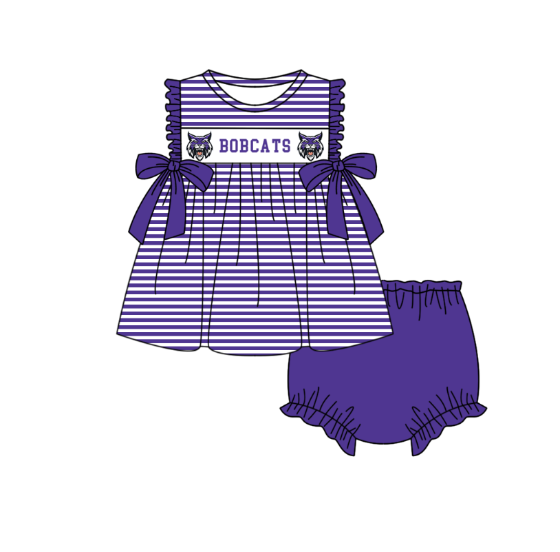 Preorder (moq 5)Baby Girls Sleeveless Bobcats Purple Stripe Tunic Bummies Team Clothes Sets