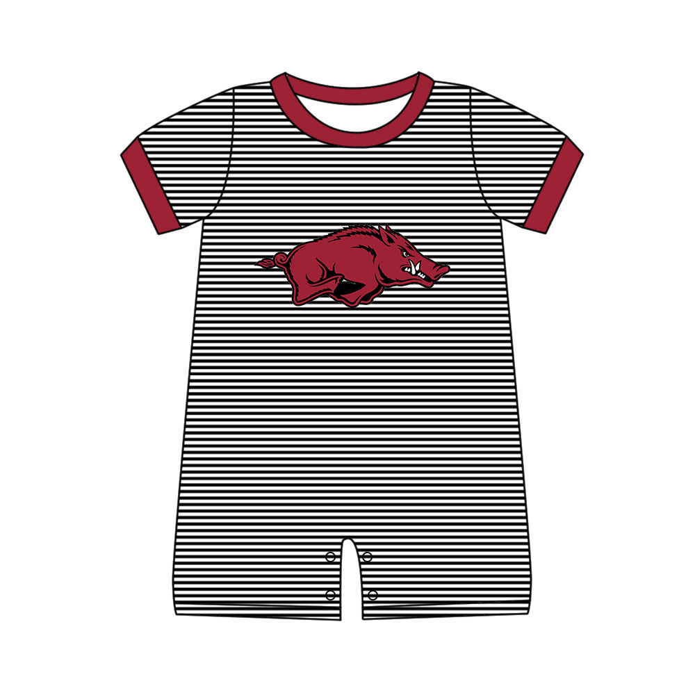 Preorder (moq 5)Baby Boys Short Sleeve Black Stripe Arkansas Team Shorts Rompers