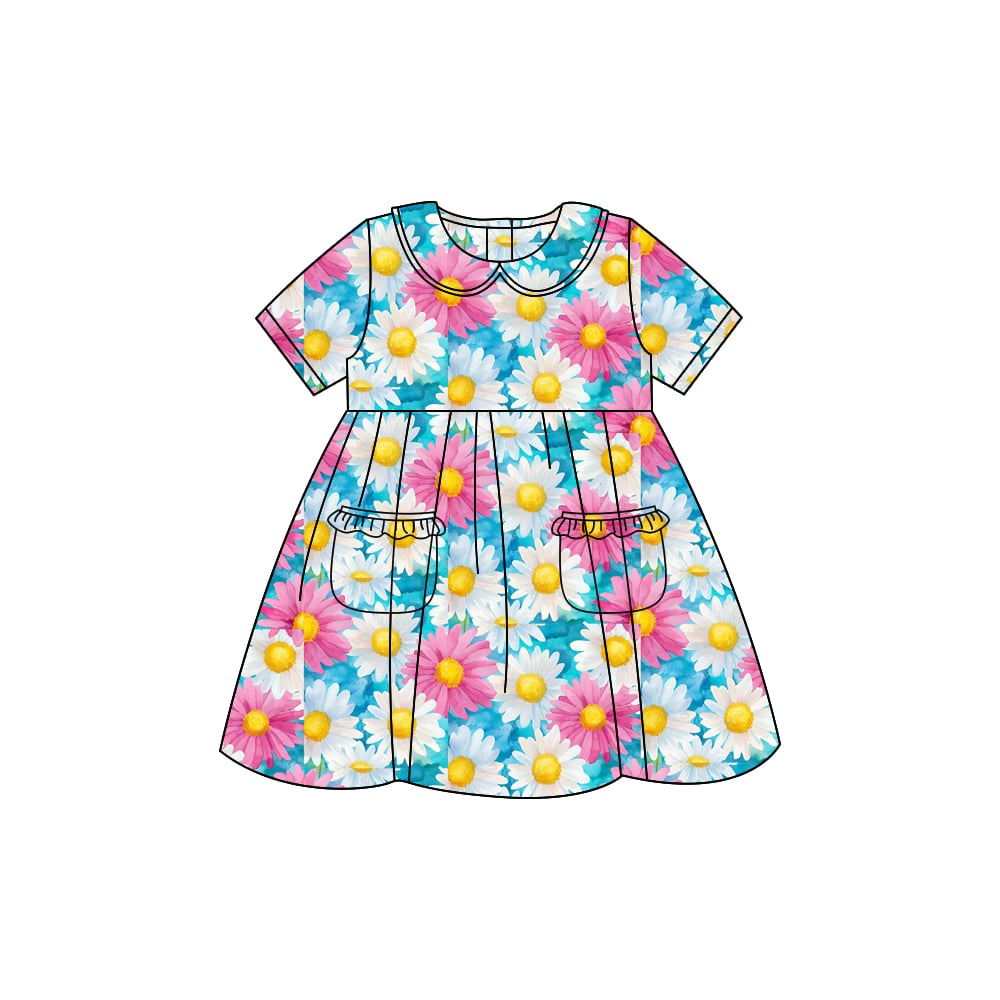 Preorder (moq 5)Baby Girls Colorful Daisy Flowers Pockets Collar Knee Length Dresses