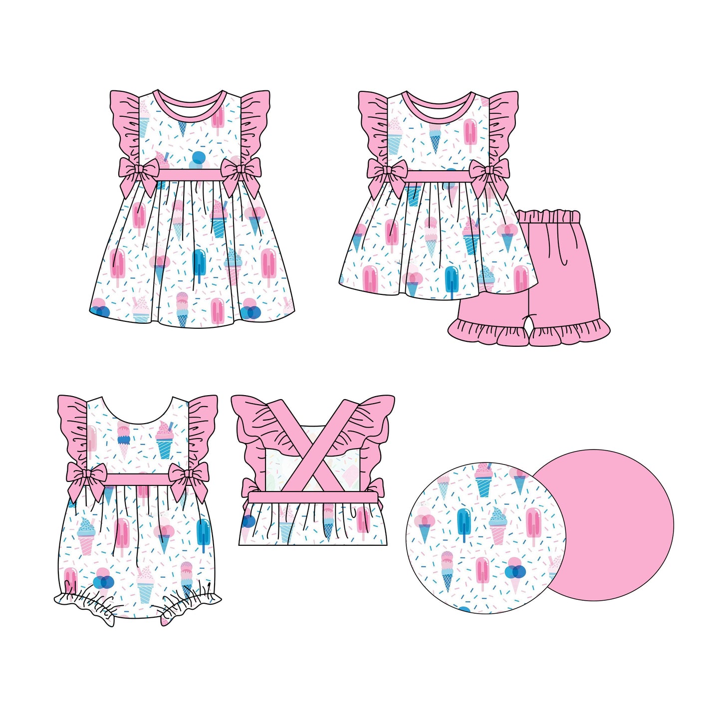 Preorder moq 5 Custom Baby Girls Ice Cream Popsicle Tunic Ruffle Short 4th Of July Sets Knee Length Dress Rompers