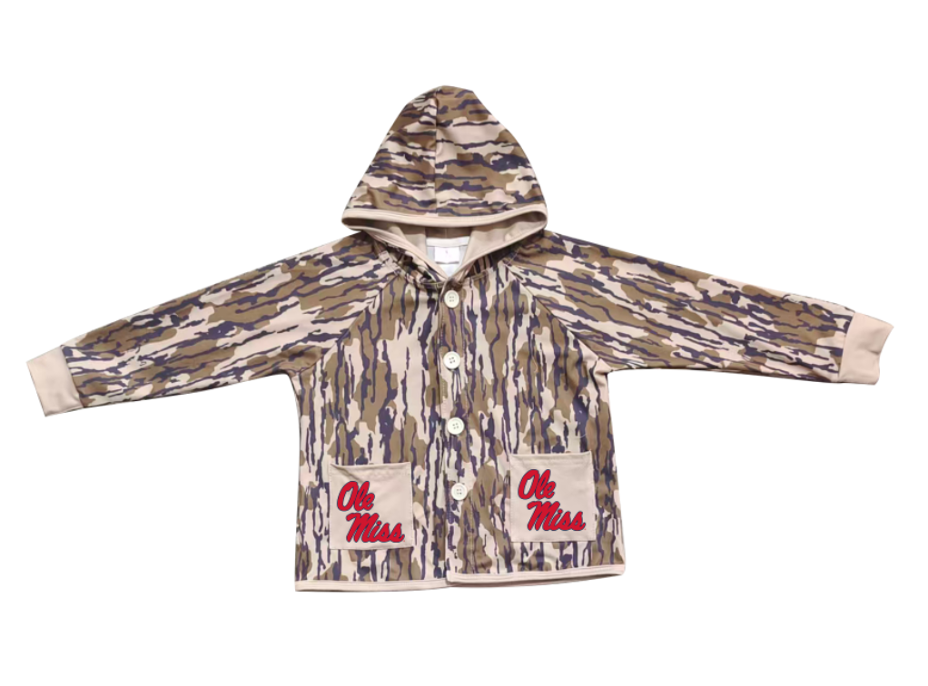 Preorder (moq 5)Baby Boys Olive Camo Ole Miss Pockets Team Button Hoodie Jackets Top