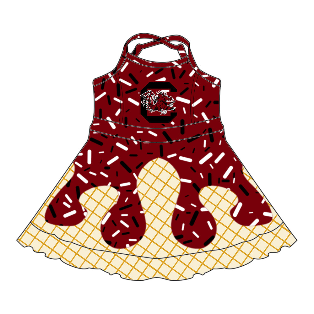 Preorder (moq 5)Baby Girls Drip Sprinkles South Carolina Team Shorts Ruffle Knee Length Dress