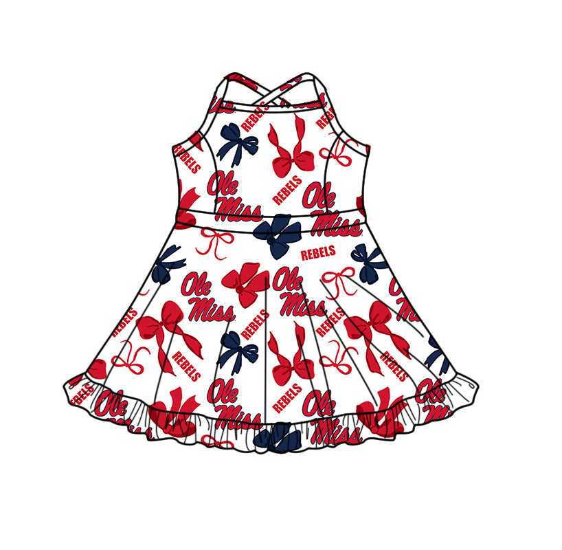 Preorder (moq 5)Baby Girls Strap Ole Miss Bows Team Shorts Ruffle Knee Length Dress