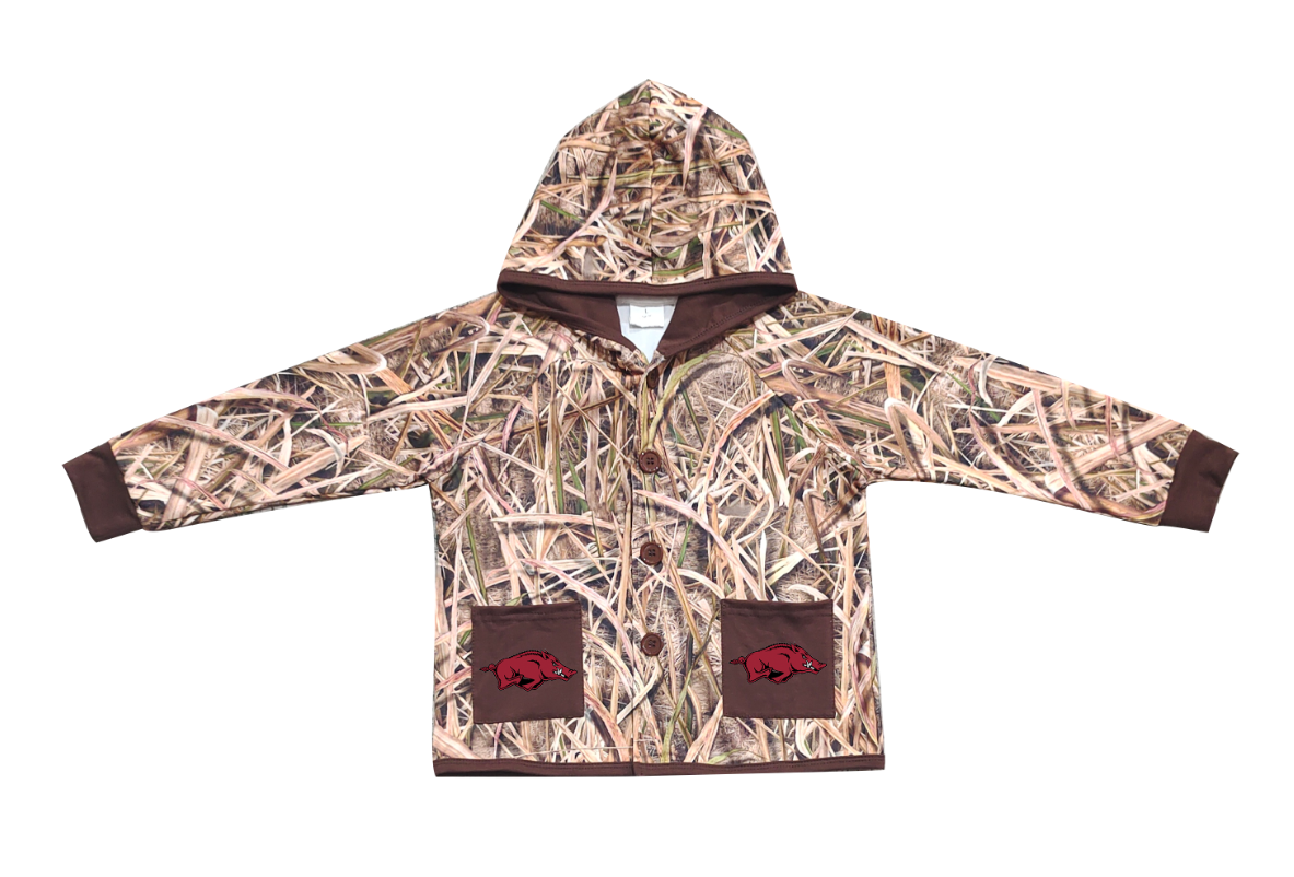 Preorder (moq 5)Baby Boys Khaki Leaves Camo Red Bulls Pockets Team Button Hoodie Jackets Top