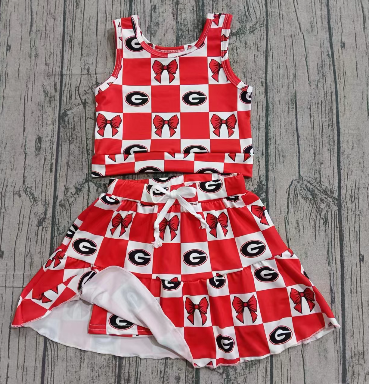 Preorder (moq 5)Baby Girls G Bows Checked Vests Top Skirt Shorts Team Clothes Sets