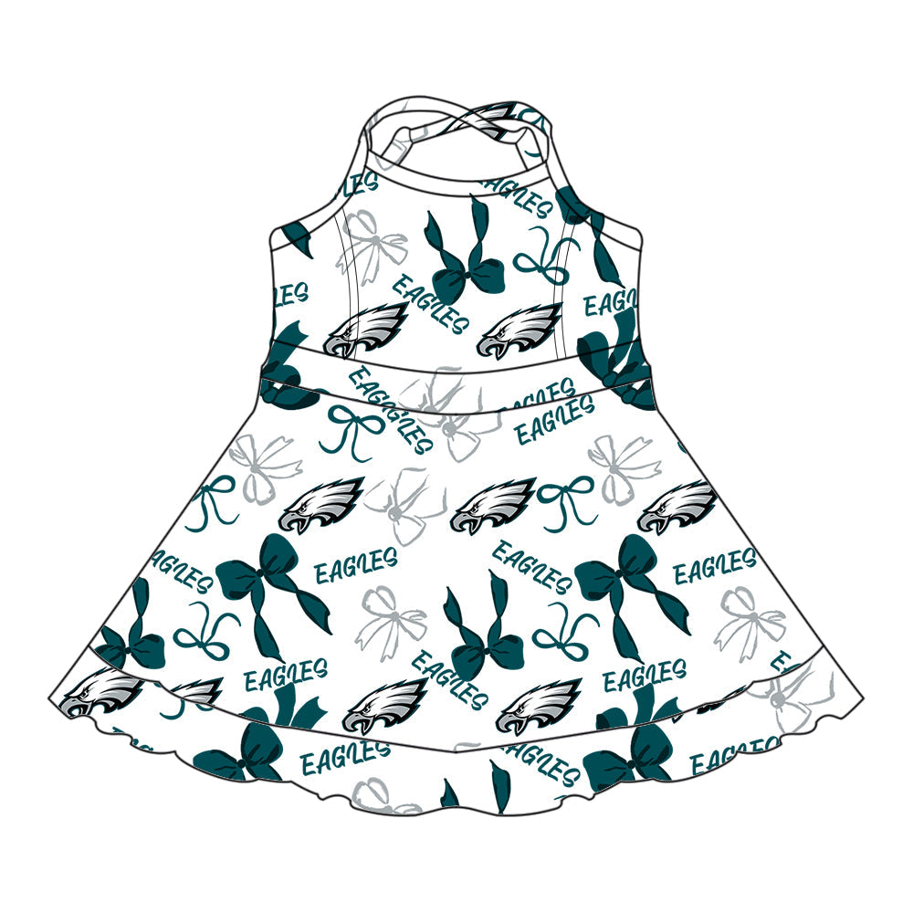 Preorder (moq 5)Baby Girls Strap Eagle Bows Yoga Ruffle Knee Length Dresses