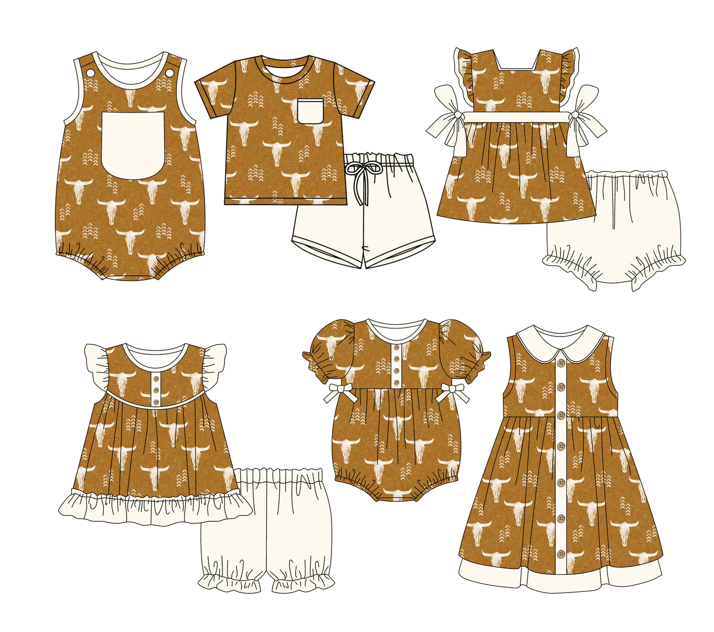 Preorder moq 5 Custom Baby Kids Khaki Pocket Button Bull Skulls Top Short Bummies Sets Dresses And Rompers