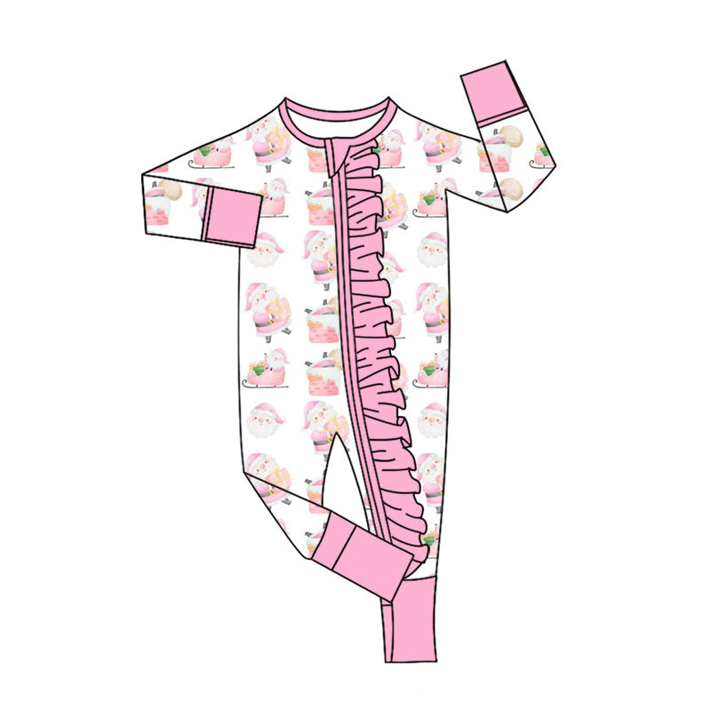 Preorder (moq 20)Baby Girls Bamboo Pink Santa Cakes Christmas Ruffle Zippy Footie Rompers