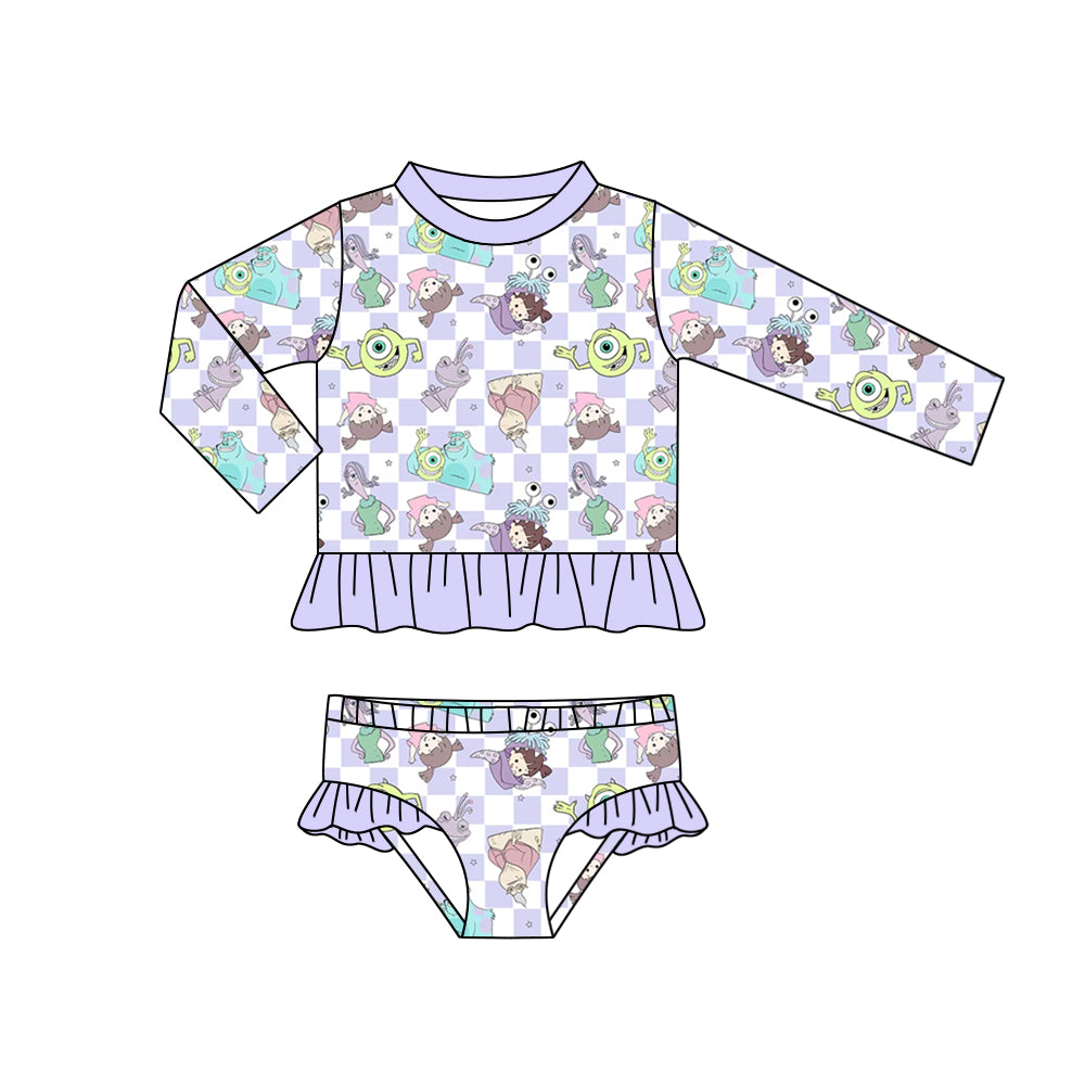 Baby Girls Cartoon Lavender Monster Long Sleeve Top Bummie 2pcs Swimsuits preorder(moq 5)