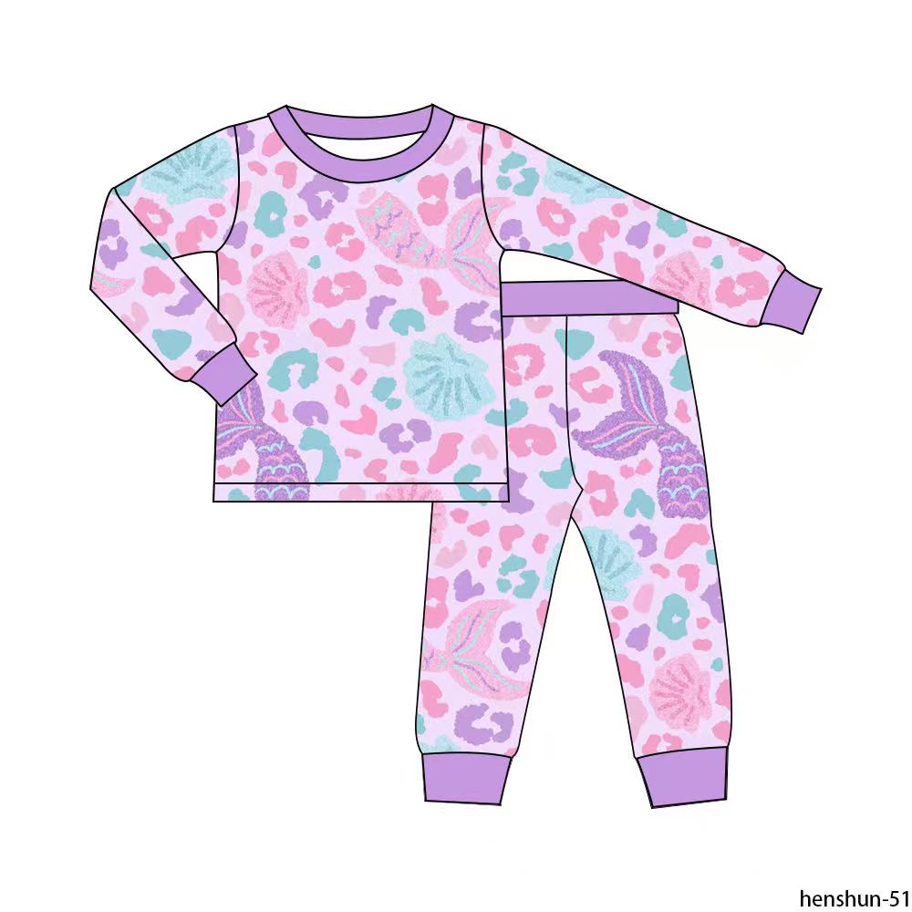 Preorder (moq 5)Baby Girls Colorful Leopard Shell Mermaid Top Pants Pajamas Sets
