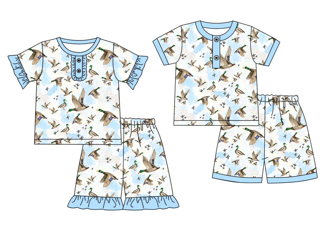 Preorder moq 5 Custom Baby Kids Short Sleeves Ducks Button Top Short Pajamas Sets