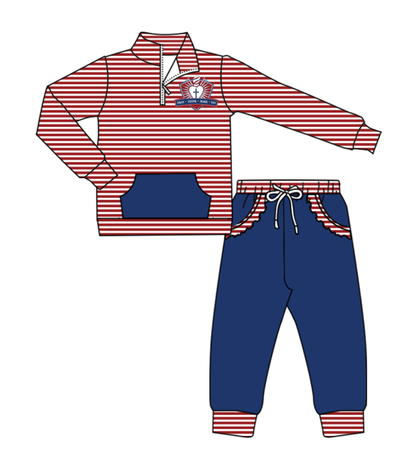 Preorder (moq 5)Baby Girls Red Stripe Cross Zip Pullover Pockets Jogger Team Clothes Sets