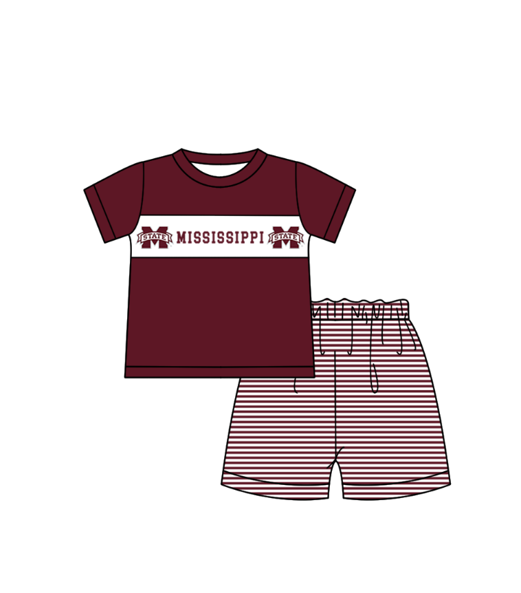 Preorder (moq 5)Baby Boys Red Short Sleeve Mississippi Stripe Shorts Team Clothes Sets