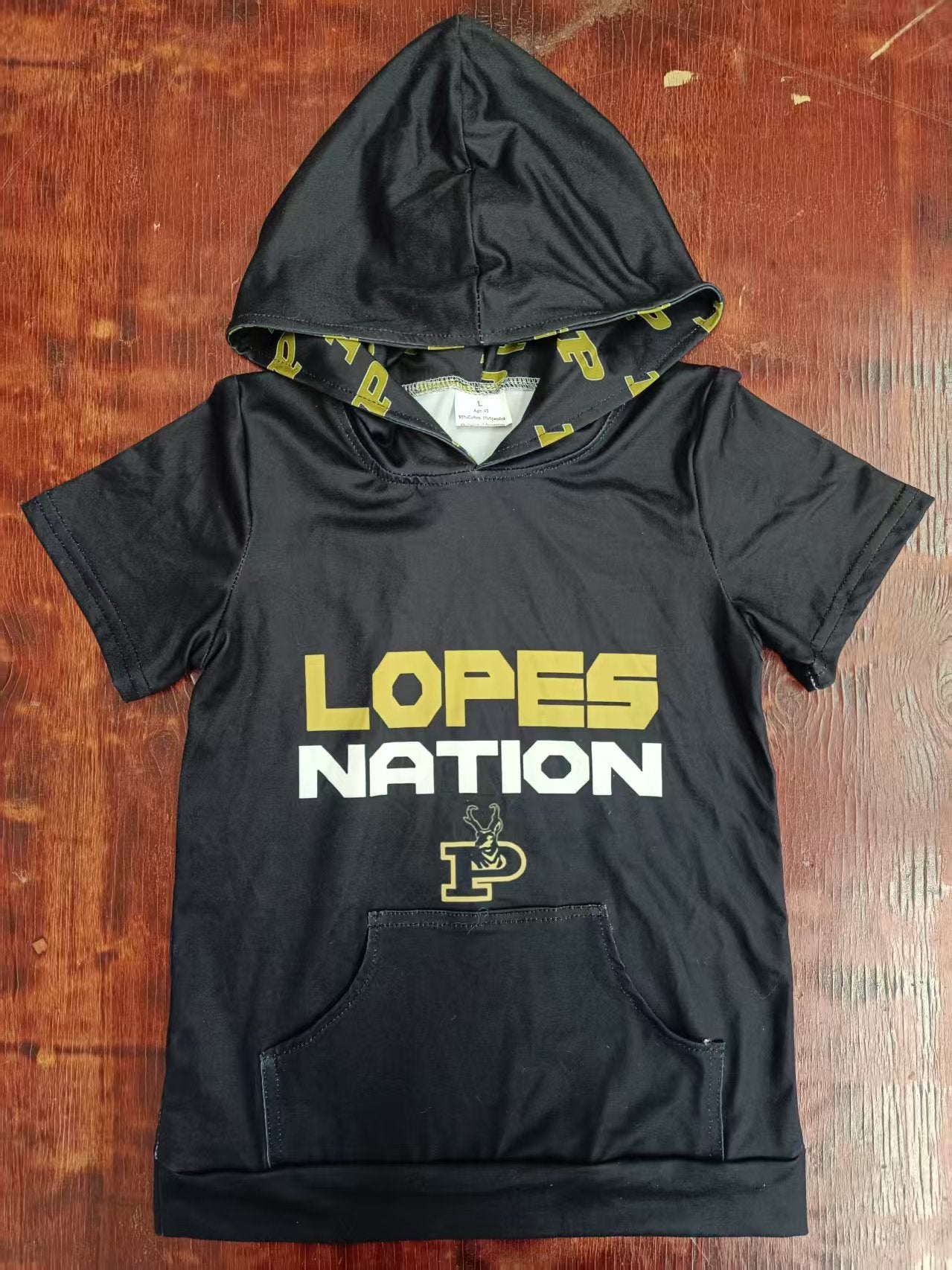 Preorder moq 5 Baby Boys Black Short Sleeves Lopes Nation Pocket Hoodies Top