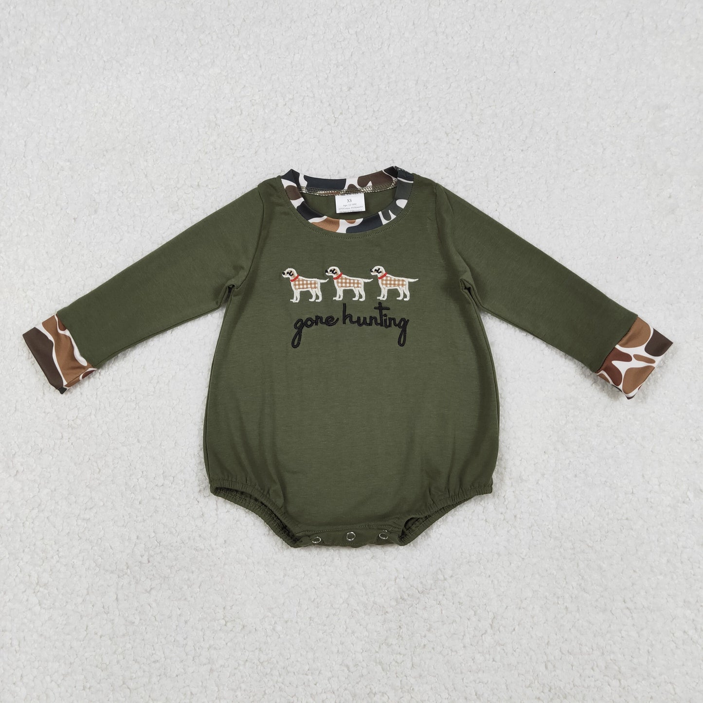 Embroidery Gone Hunting Dogs Baby Boys Olive Rompers