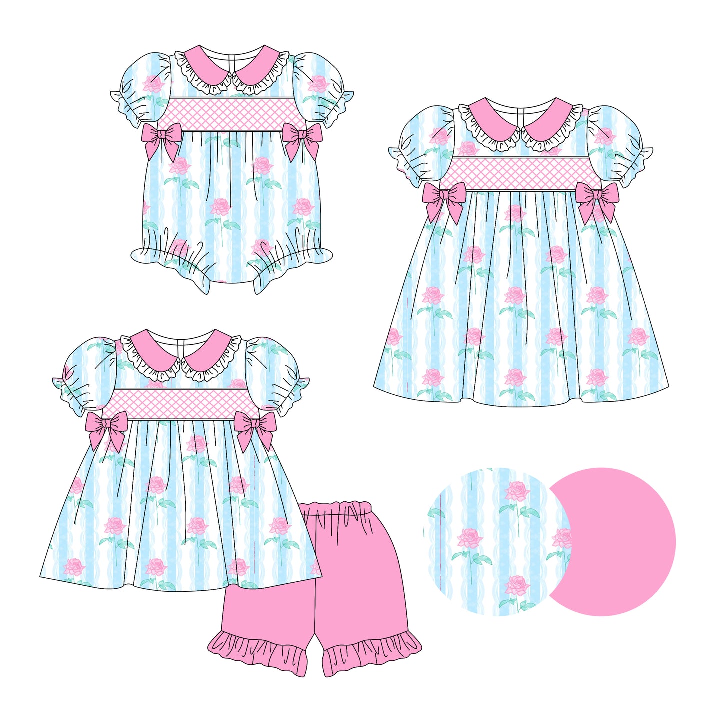 Preorder moq 5 Custom Baby Girls Pink Short Ruffle Sleeves Flowers Bows Tunic Ruffle Short Set Knee Length Dress Rompers