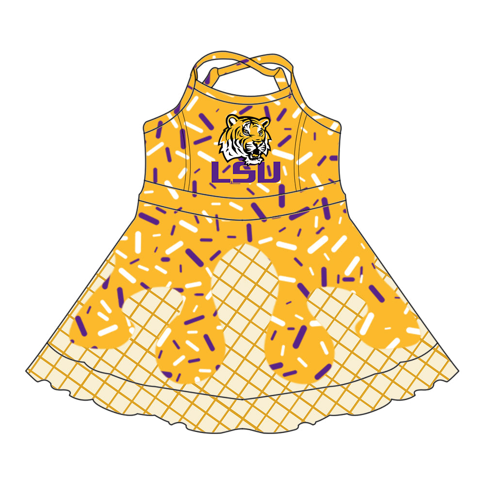 Preorder (moq 5)Baby Girls Drip Sprinkles LSU Tigers Team Shorts Ruffle Knee Length Dress