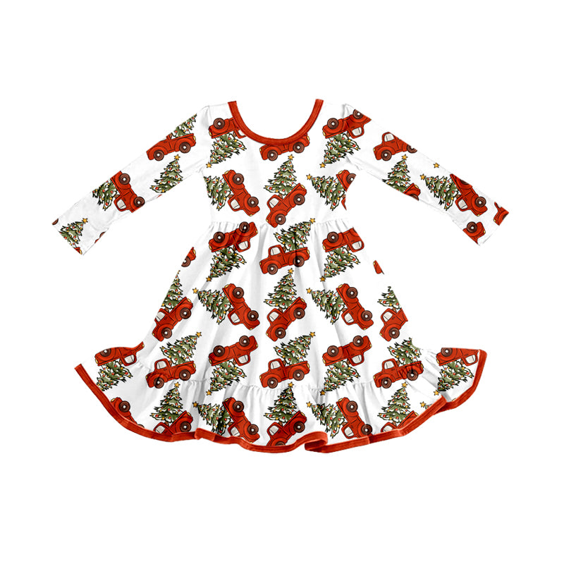 Preorder (moq 5)Baby Girls Christmas Trees Trucks Ruffle Knee Length Dresses