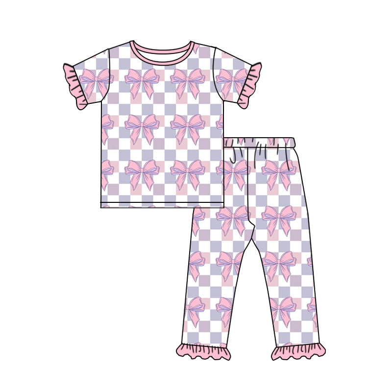 Preorder (moq 5)Baby Girls Lavender Checkered Bows Top Pants Pajamas