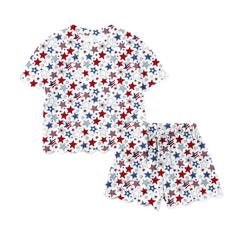 Preorder (moq 5)Baby Girls Red Blue Flag Stars Top Scallop Shorts 4th of July Clothes Sets